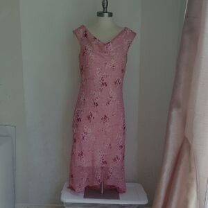 Vintage 90s Sheer Pink Floral Cowl Neck Midi Dress Sz 9 Fairy Whimsy Y2K Flowy